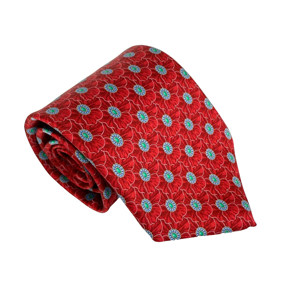 Fabergé Silk Tie Red Floral Print Rare 200 USA Handmade Vtg Luxury Business Work
